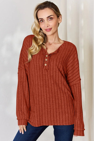 Basic Bae Full Size Ribbed Half Button Long Sleeve T-Shirt - Knack'd Up