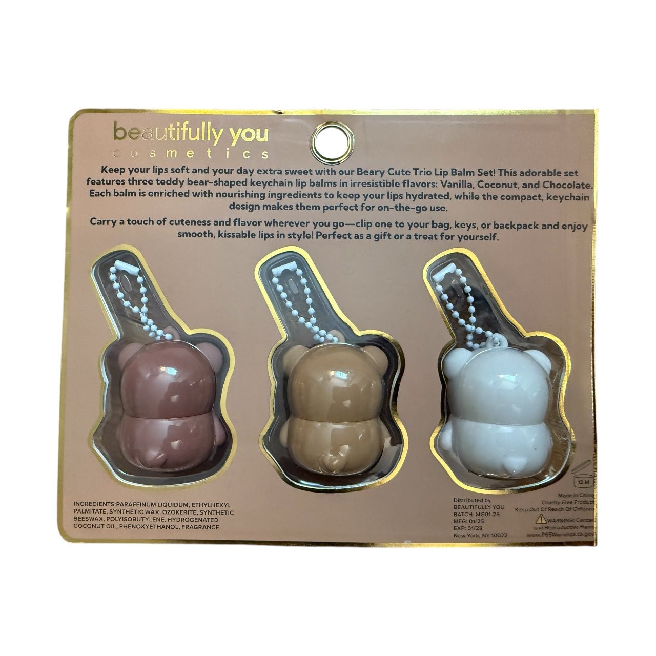Beary Cute Lip Balm Trio Keychain Set β Vanilla, Coconut & Chocolate Moisturizing Lip Balms - Knack'd Up