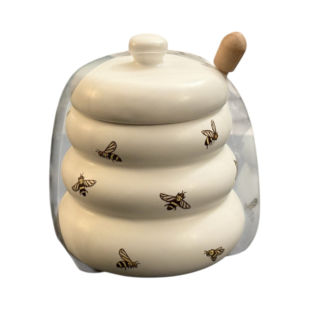 Bee Hive Ceramic Honey Jar with Wooden Dipper – Cute Bee Design Kitchen Storage Pot - Knack'd Up