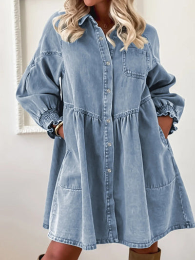Button - Up Denim Shirt Dress with Smocked Cuffs - Knack'd Up