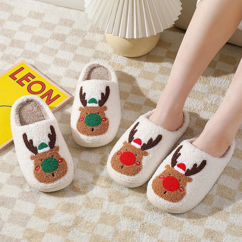 Christmas Elk Cozy Slippers – Warm Plush Holiday House Shoes for Women & Men - Knack'd Up