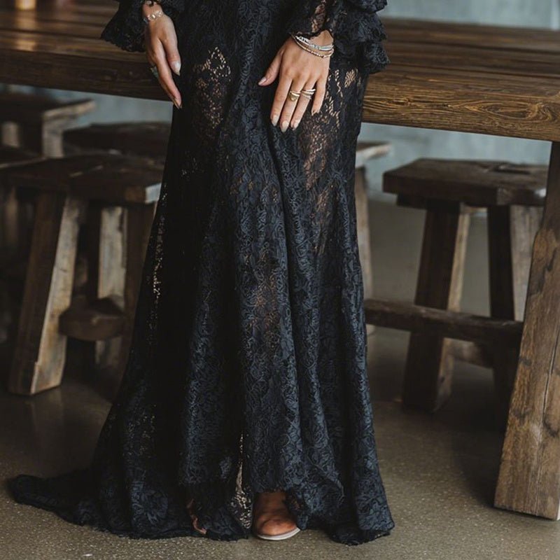 Deep V - Neck Lace Maxi Dress | Flare Sleeve Bodycon Gown with Ruffle Detail – Romantic, Elegant & Unforgettable - Knack'd Up