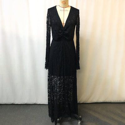 Deep V - Neck Lace Maxi Dress | Flare Sleeve Bodycon Gown with Ruffle Detail – Romantic, Elegant & Unforgettable - Knack'd Up