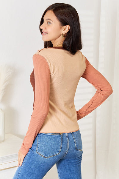 Double Take Color Block Exposed Seam Long Sleeve Top - Knack'd Up