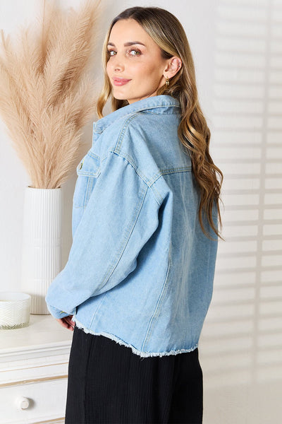 Double Take Dropped Shoulder Raw Hem Denim Jacket - Knack'd Up