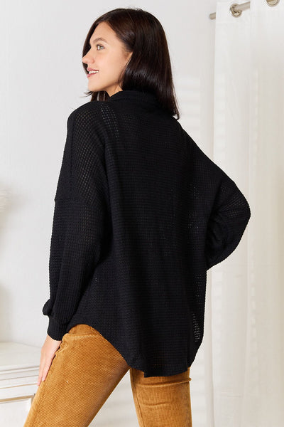 Double Take Waffle - Knit Collared Neck Dropped Shoulder Shirt - Knack'd Up