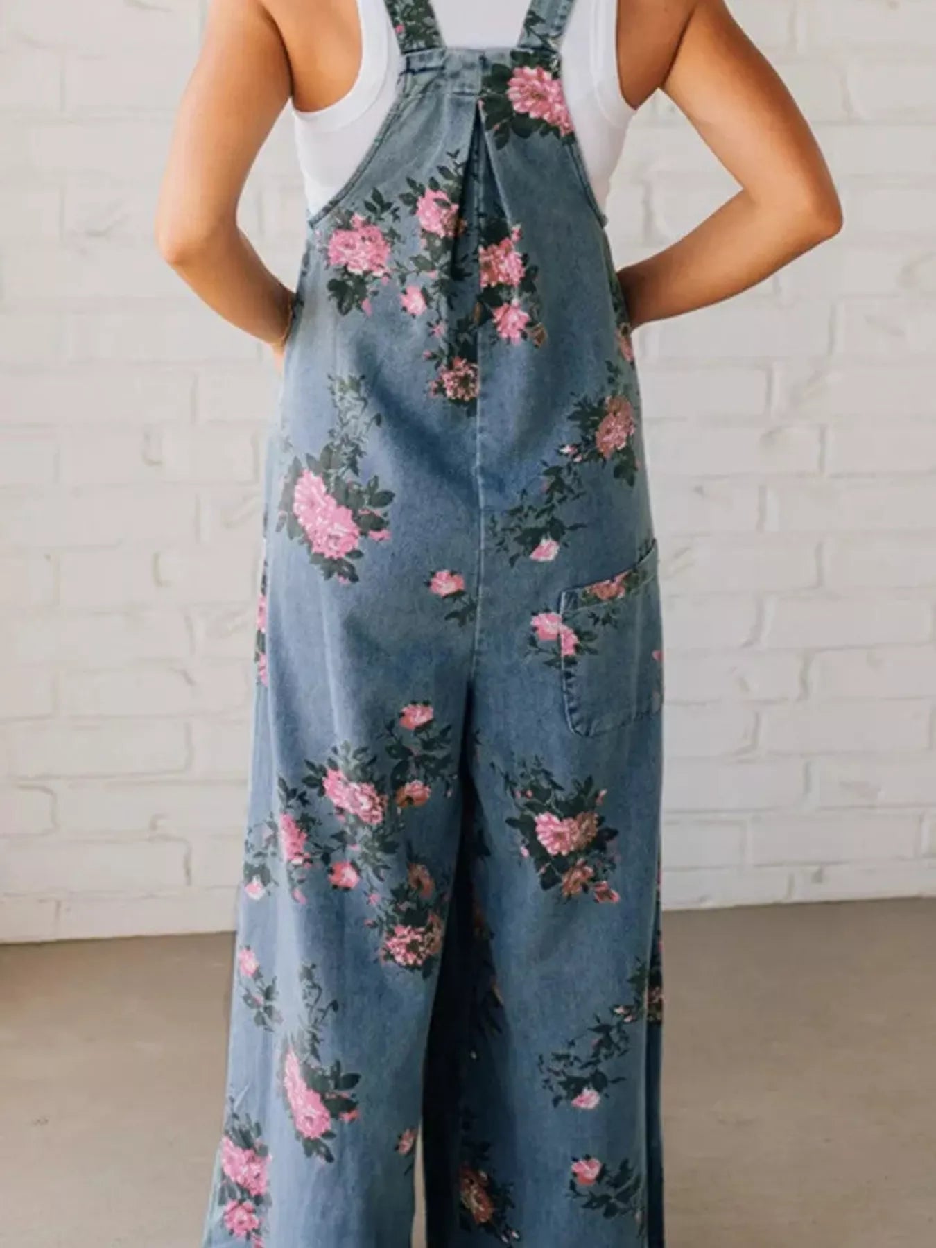 Floral Print Wide Leg Denim Overalls - Knack'd Up