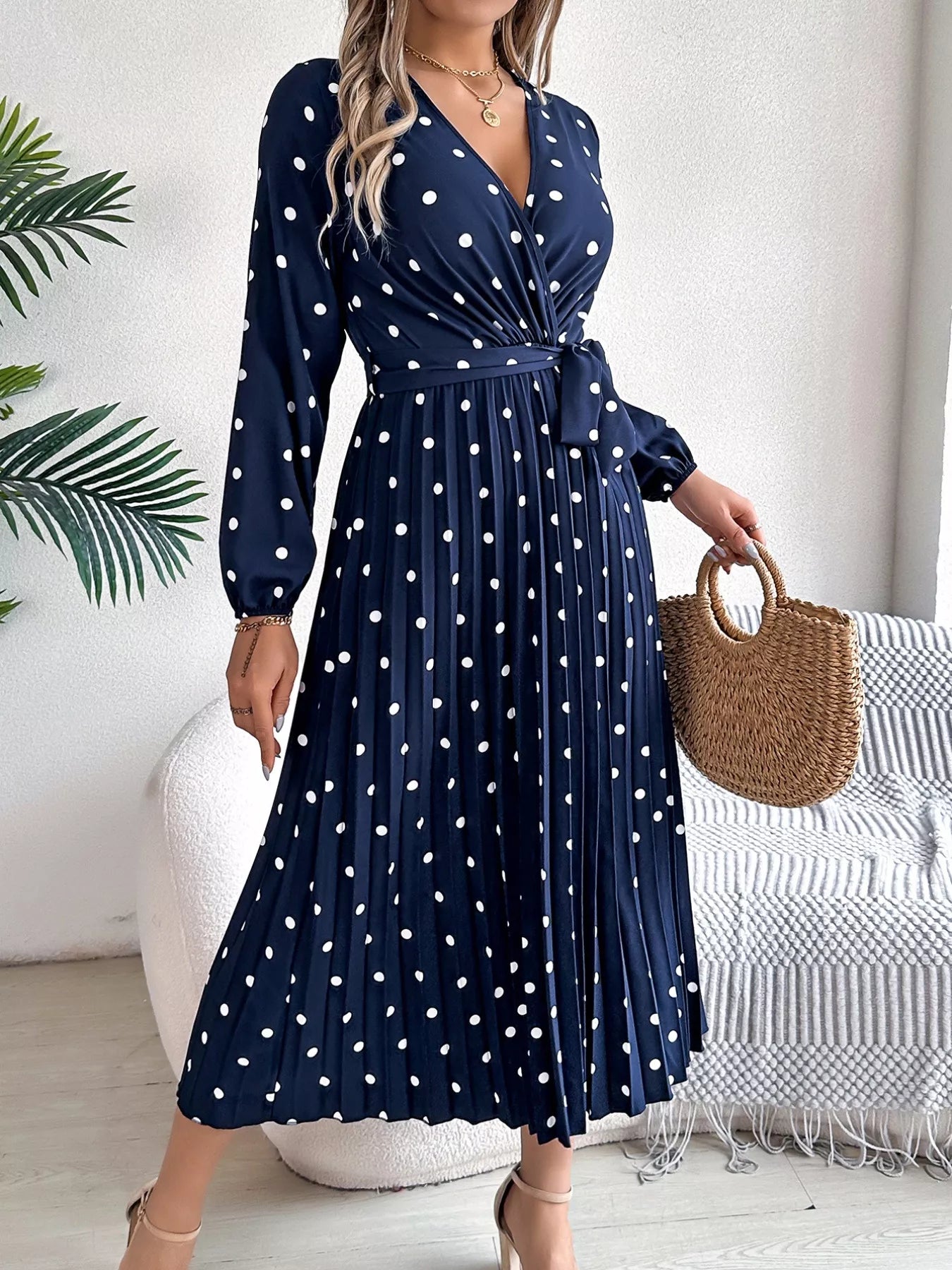 Front Tie Polka Dot Midi Pleated Dress - Knack'd Up
