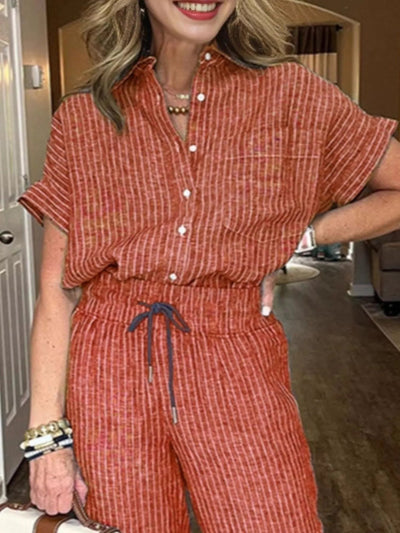 Full Size Striped Button - Up Shirt and Wide Leg Pants Casual Set Plus Size - Knack'd Up