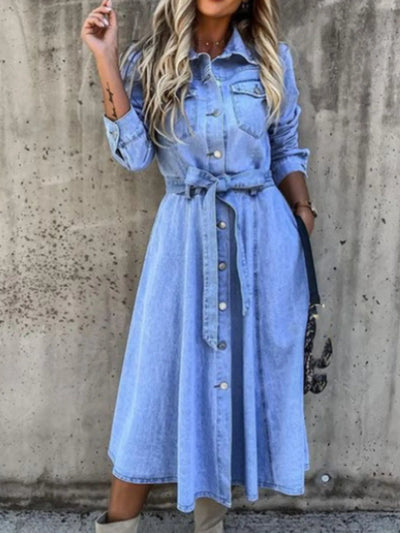 Full Size Tie Waist Button Front Denim Shirt Dress Plus Size - Knack'd Up