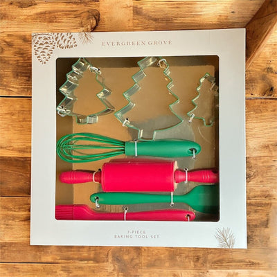 Holiday Baking Tool Set – 7 - Piece Christmas Cookie Making Kit with Tree Cookie Cutters, Rolling Pin, Whisk, Spatula & Pastry Brush | Kids & Family Baking Gift - Knack'd Up