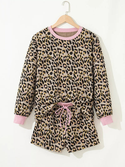Leopard Print Contrast Edge Long Sleeve Pullover Shorts Set - Knack'd Up