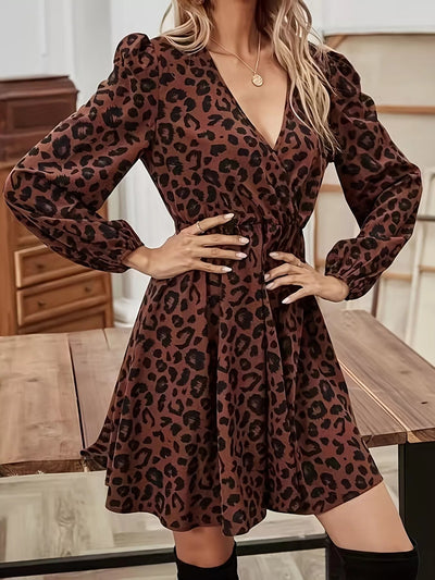 Leopard Print V - Neck Long Sleeve Mini Dress - Knack'd Up