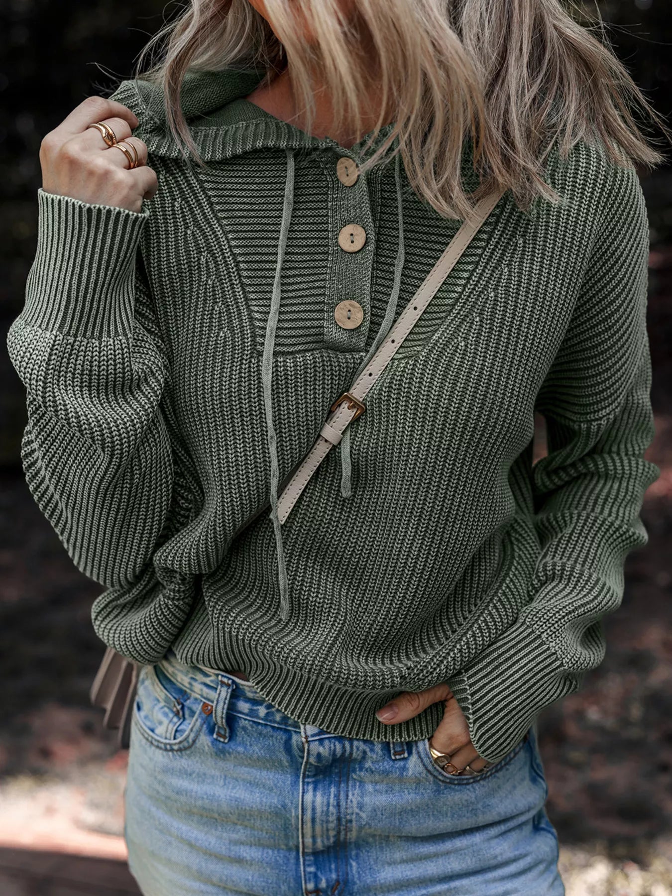 Mineral Wash Ribbed Knit Button Drawstring Neck Hooded Sweater - Knack'd Up