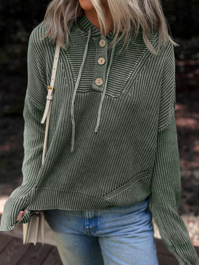 Mineral Wash Ribbed Knit Button Drawstring Neck Hooded Sweater - Knack'd Up