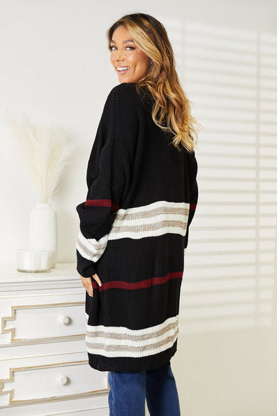 Perfee Striped Rib - Knit Drop Shoulder Open Front Cardigan - Knack'd Up
