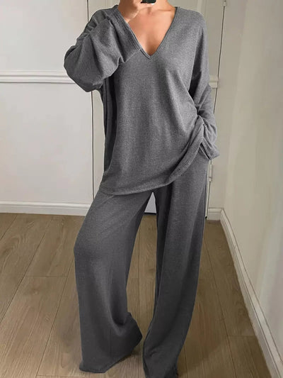 Plus Size Relaxed Fit V - Neck Top and Pants Set - Knack'd Up