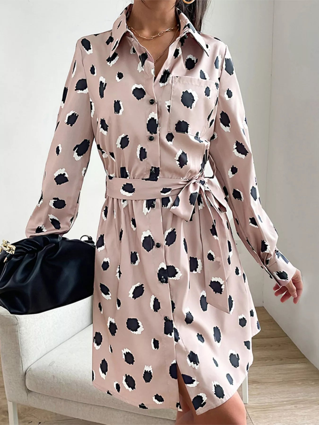 Printed Long Sleeve Mini Shirt Dress - Knack'd Up