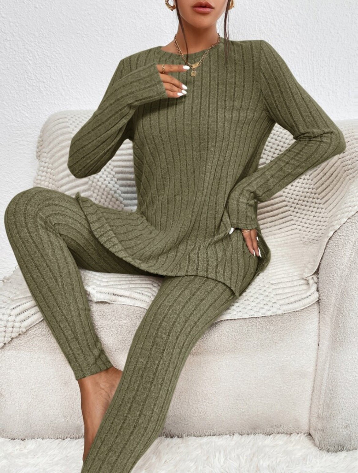 Ribbed Knit Lounge Set – Cozy Fall Essential in Warm Rust Brown - Knack'd Up