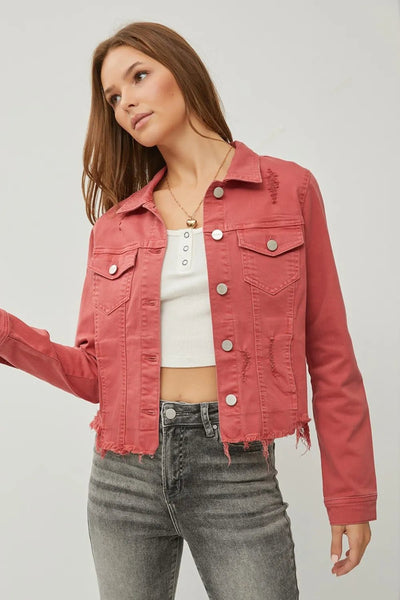 RISEN Full Size Raw Hem Button Up Cropped Denim Jacket Plus Size - Knack'd Up