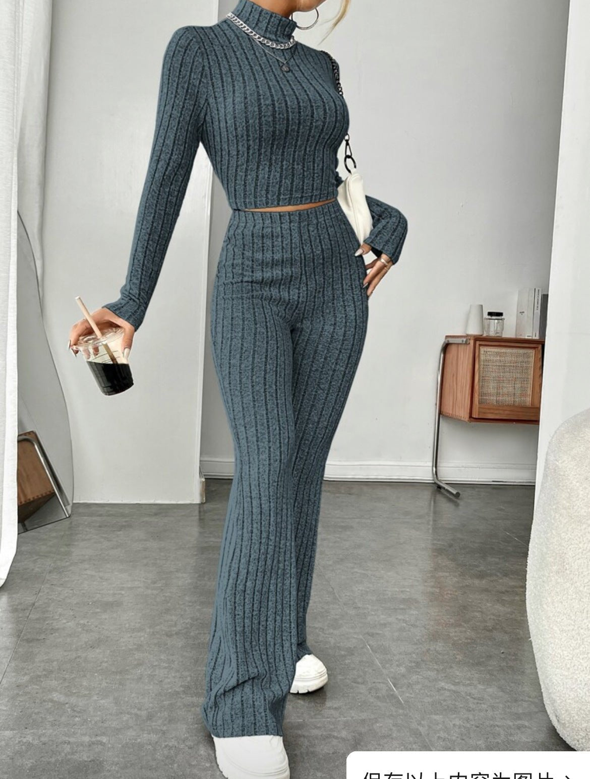 Rust Ribbed Knit Two - Piece Set – Turtleneck Crop Top & Flare Pants - Knack'd Up