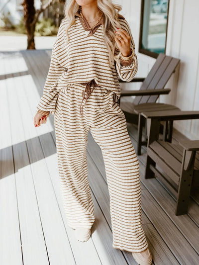 Stripe Collared Top and Drawstring Pant Set - Knack'd Up