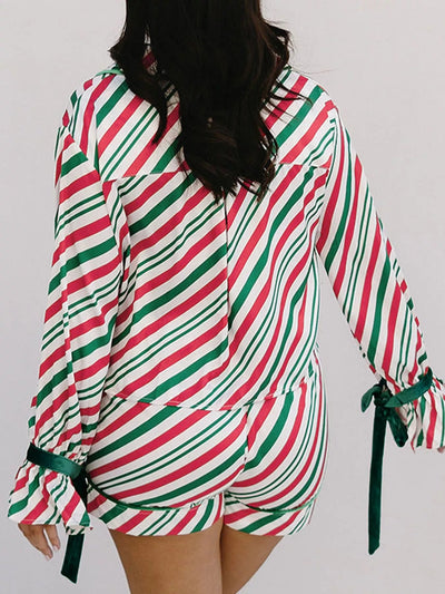 Stripe Contrast Velvet Ribbon Knot Christmas 2pcs Pajama Set - Knack'd Up