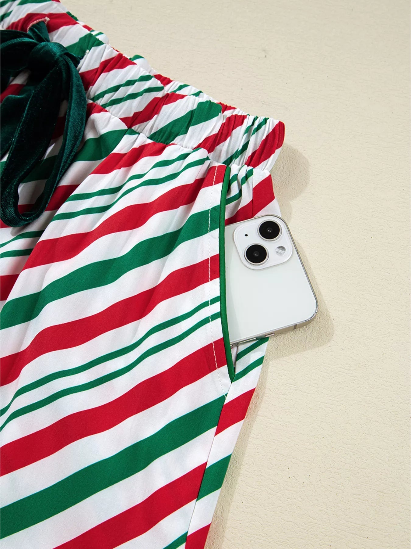 Stripe Contrast Velvet Ribbon Knot Christmas 2pcs Pajama Set - Knack'd Up