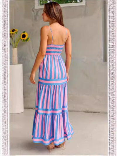 Striped Suspender Maxi Dress – Square Neck Backless Summer Dress with Pockets - Knack'd Up