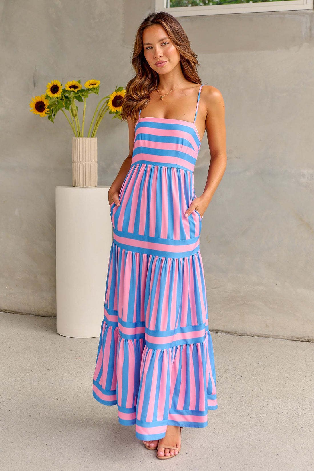 Striped Suspender Maxi Dress – Square Neck Backless Summer Dress with Pockets - Knack'd Up