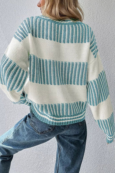 Two Tone Striped Patchwork Drop Shoulder Loose Sweater - Knack'd Up