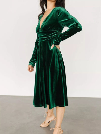 Velvet Deep V - Neck Long Sleeve Dress - Knack'd Up