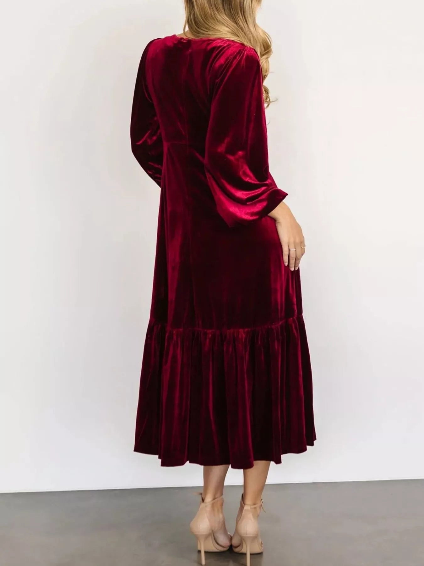 Velvet Tiered Long Sleeve Midi Dress - Knack'd Up