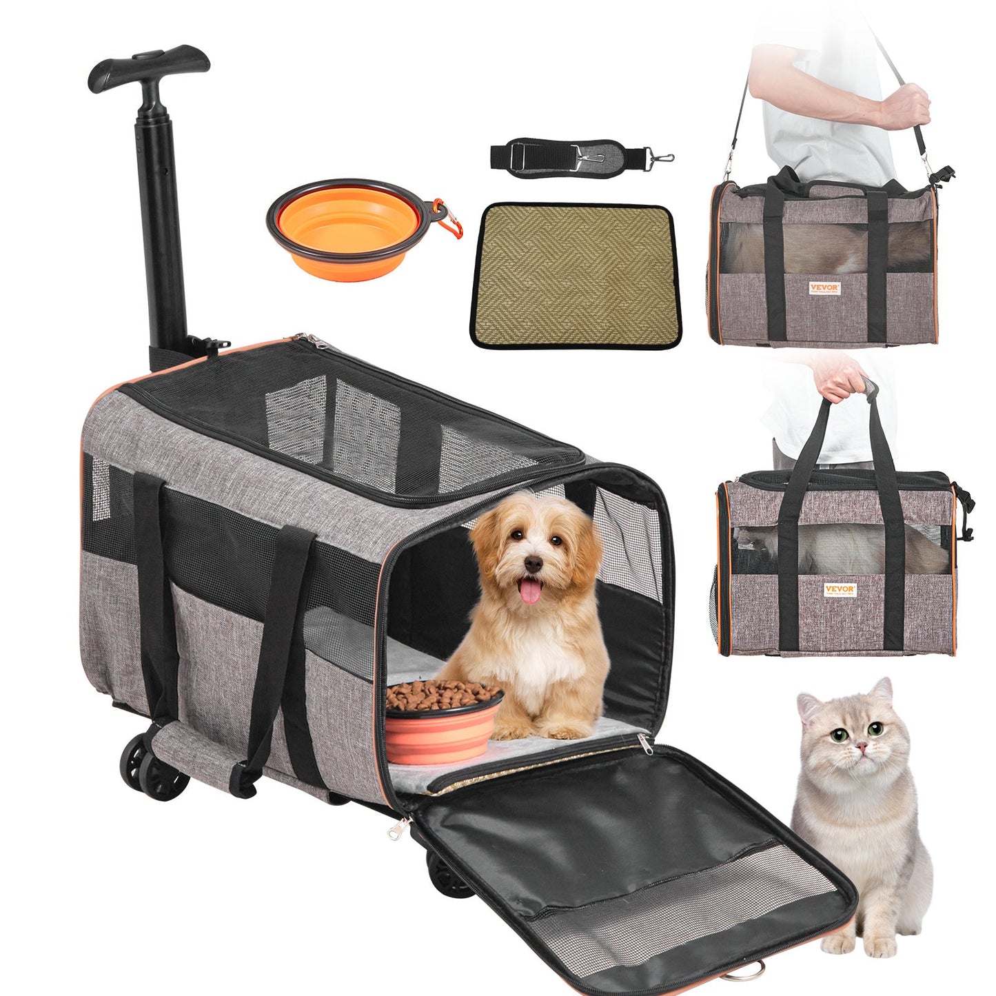 VEVOR Rolling Pet Carrier – Airline Approved Wheeled Travel Bag with Telescopic Handle & Shoulder Strap (Grey) - Knack'd Up