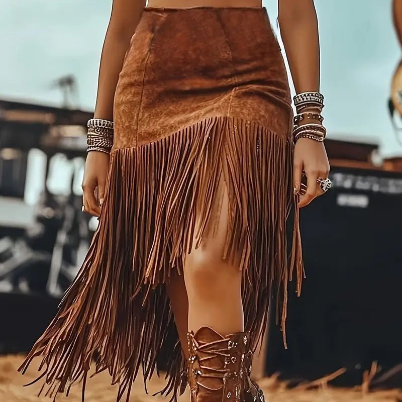 Western Boho Fringe Midi Skirt – High - Waisted Asymmetrical Denim Style Skirt for Women - Knack'd Up