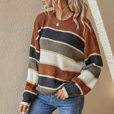 Women's 2025 Striped Color Block Sweater, Cute Crewneck Pullover Top, Fall Winter Fashion Knitwear - Knack'd Up