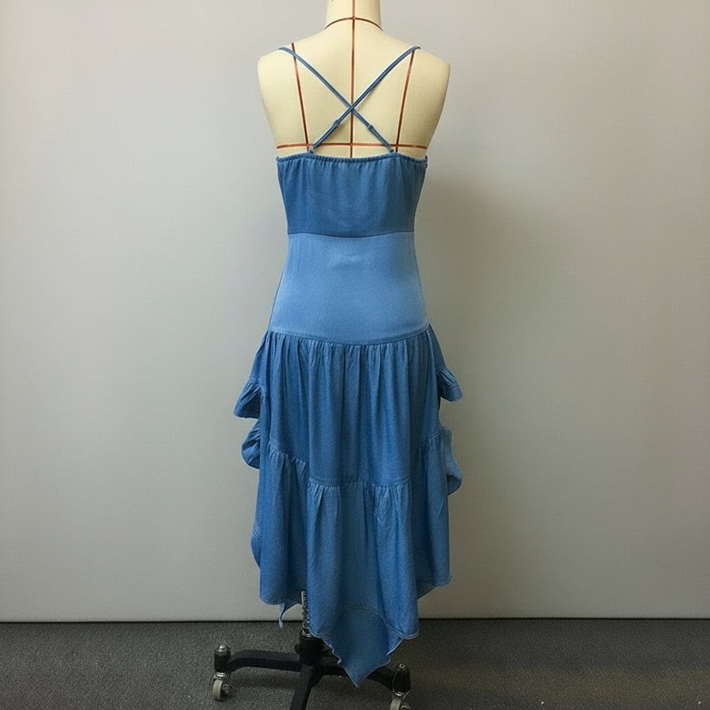 Women’s Bohemian Spaghetti Strap Mini Dress – Sleeveless Ruffled Hem Bodycon Dress (No Belt) - Knack'd Up