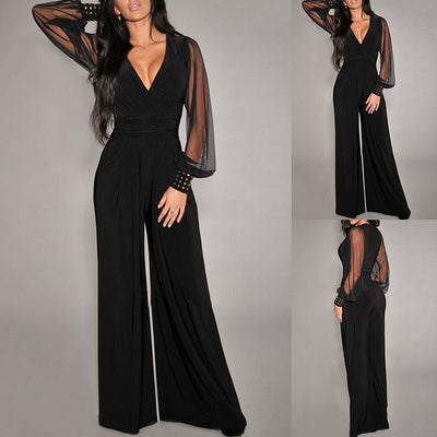 Women’s Elegant V - Neck Mesh Long Sleeve Wide - Leg Jumpsuit – Chic Party Romper with Rivet Cuffs - Knack'd Up