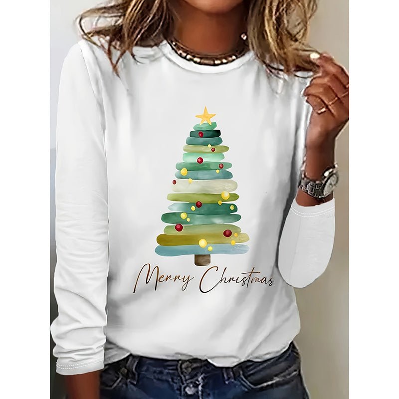 Women’s Long Sleeve Holiday T-Shirt – Cute Christmas Tree Graphic Tee, Festive Winter Casual Top - Knack'd Up
