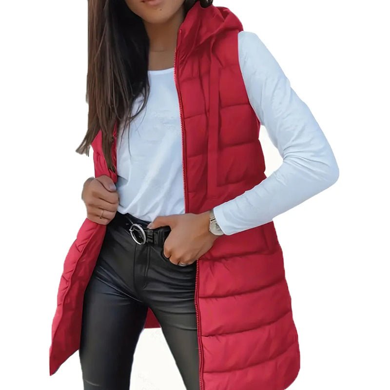 Women's Solid Color Sleeveless Hooded Vest, Mid - Length Zip - Front Waistcoat With Pockets For Spring And Fall Layering - Knack'd Up