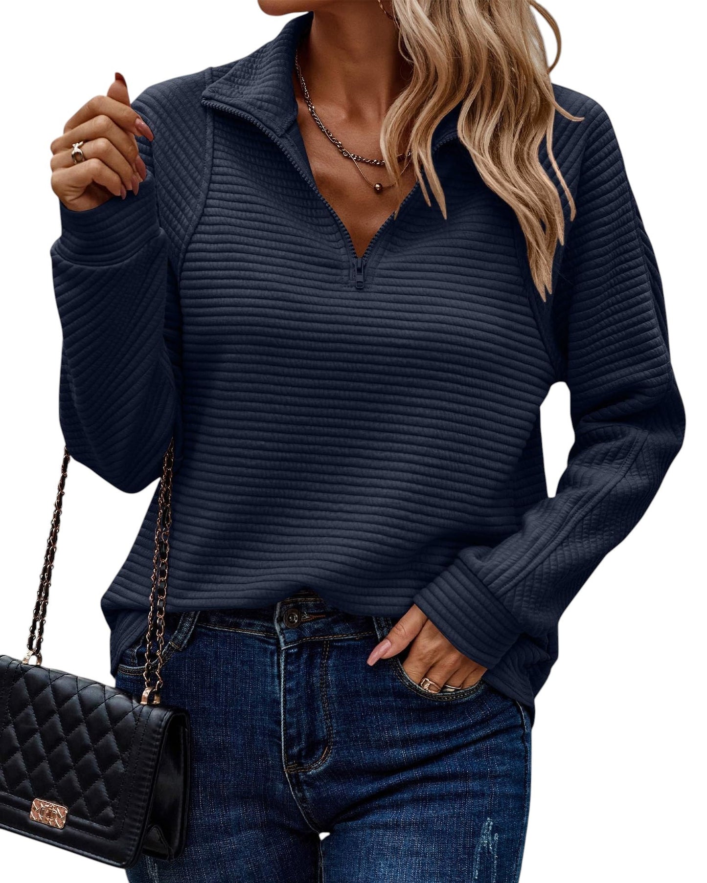 Women’s Stand Collar Zipper Pullover Sweatshirt – Casual Striped Long Sleeve Top for Spring & Autumn - Knack'd Up