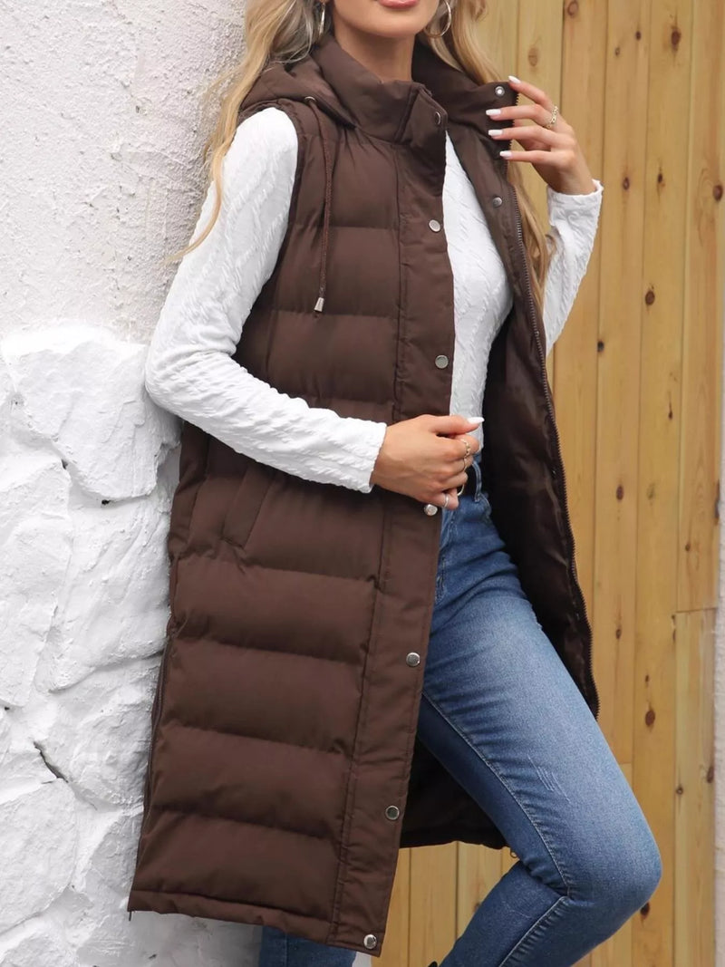 Full Size Snap Down Hooded Padded Longline Vest Coat Plus Size
