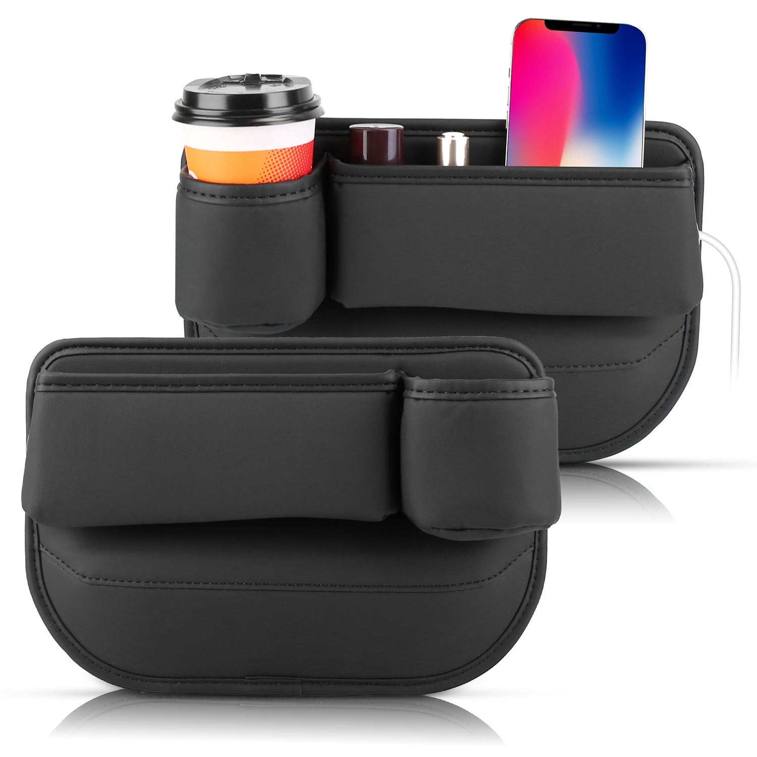 2 - Pack Car Seat Gap Filler Organizer – Leather Cup Holder & Storage Box for Keys, Cards, Phones & Drinks (Universal Fit, Black) - Knack'd Up