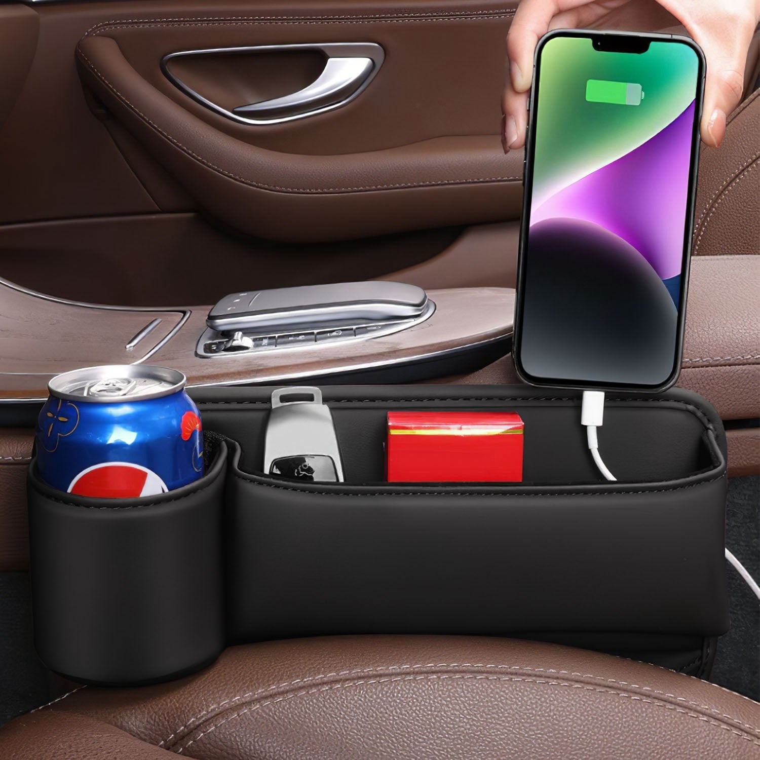 2 - Pack Car Seat Gap Filler Organizer – Leather Cup Holder & Storage Box for Keys, Cards, Phones & Drinks (Universal Fit, Black) - Knack'd Up
