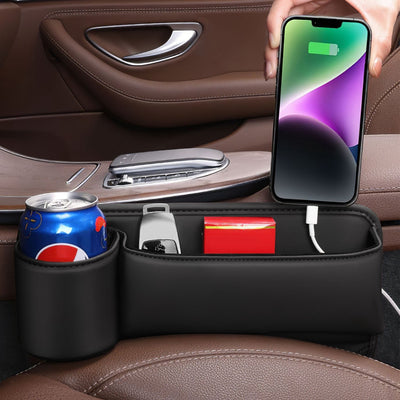 2 - Pack Car Seat Gap Filler Organizer – Leather Cup Holder & Storage Box for Keys, Cards, Phones & Drinks (Universal Fit, Black) - Knack'd Up