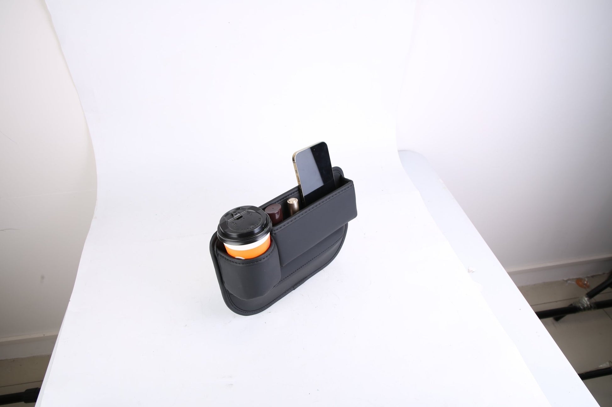 2 - Pack Car Seat Gap Filler Organizer – Leather Cup Holder & Storage Box for Keys, Cards, Phones & Drinks (Universal Fit, Black) - Knack'd Up