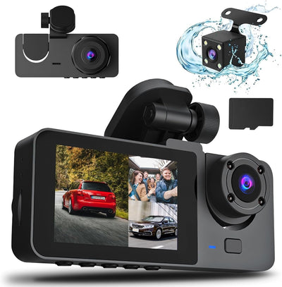 3 - Channel 1080P Dash Cam – Front, Rear & Interior Car Camera with Night Vision and Loop Recording - Knack'd Up