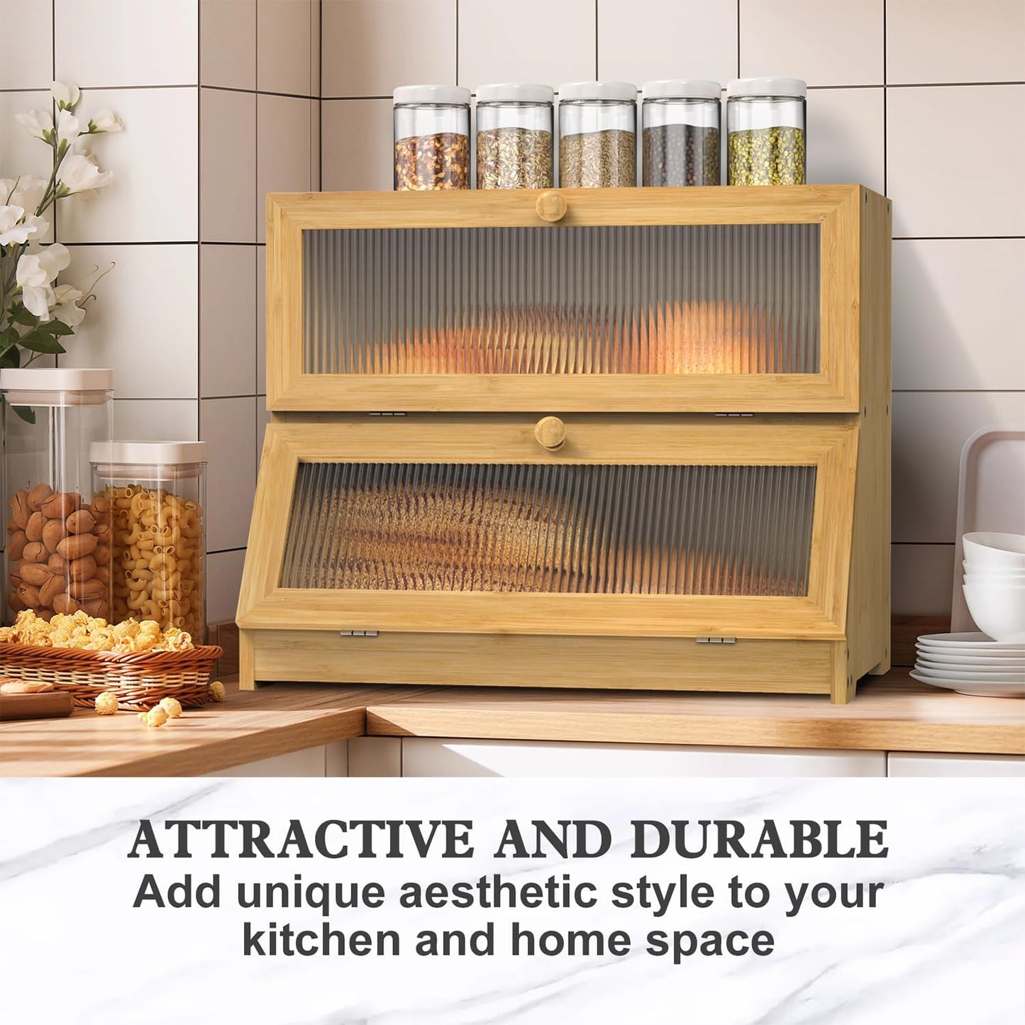 CARLA HOME Double Layer Bamboo Bread Box for Kitchen Counter with Large Capacity and Clear Window-4