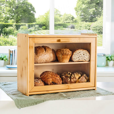 CARLA HOME Double Layer Bamboo Bread Box for Kitchen Counter with Large Capacity and Transparent Window-0
