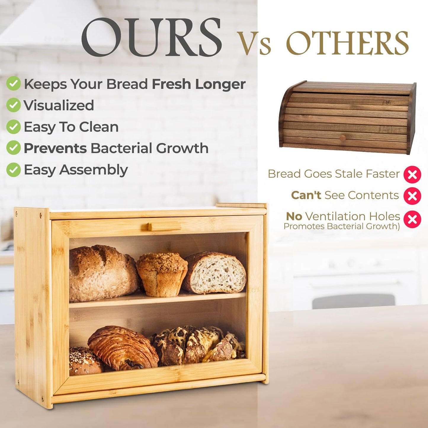 CARLA HOME Double Layer Bamboo Bread Box for Kitchen Counter with Large Capacity and Transparent Window-2
